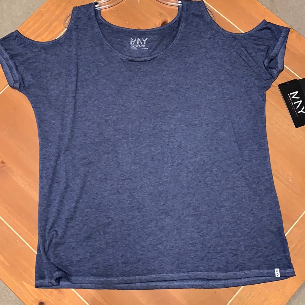 Andrew Marc NY Performance Cold Shoulder Top Sz XL Heather Blue Poly/Cotton/Ray